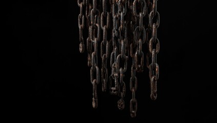 Detailed view of interconnected metal chains with rust edges against a dark background, highlighting corrosion and material aging