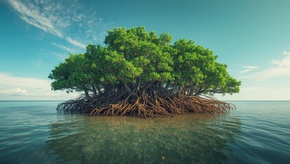 Mangrove forest habitat emphasizing carbon offset processes, CO2 capture by mangrove trees, blue carbon ecosystem, climate change mitigation strategies