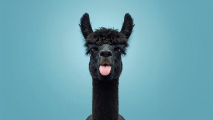 Obraz premium Black alpaca with tongue out, highlighting humorous expression, World Animal Day