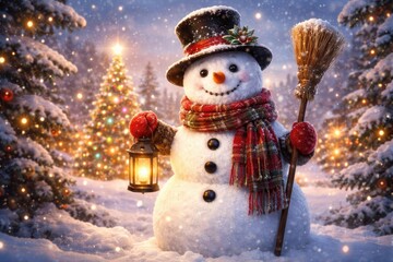 Obraz premium Merry snowman standing tall in a wintry setting with holiday spirit