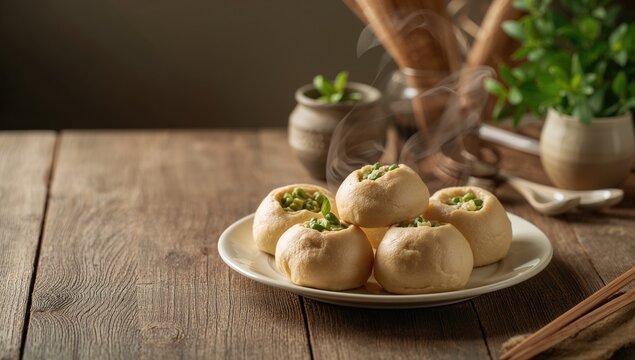 Rose Bakpao, steamed Chinese buns filled with green beans and cheese, highlighting snack ingredients