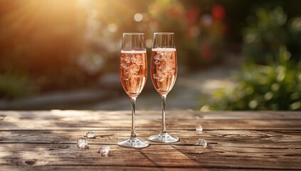 Pink champagne in glasses on a summer day, emphasizing refreshment and leisure