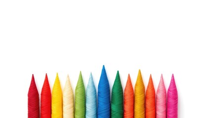 Brightly colored sewing threads on a white backdrop, used for craft and sewing projects