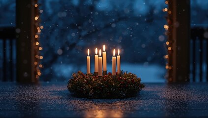 Outdoor advent wreath with candles and Christmas decor against a snowy patio backdrop at night, holiday lighting