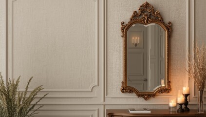 Wooden framed mirror positioned on textured interior wall serving as background for room decor or layout design