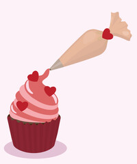  Illustration with a Pink Cupcake at Love Decoration and a Piping Bag