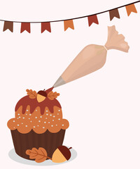  Illustration with Caramel Cupcake at Leaf, Acorn Decoration and Piping Bag