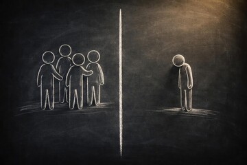 Minimalist chalkboard depiction of social isolation featuring a dividing line and an excluded individual