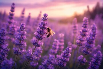 Close up of bright lavender blooms in a peaceful meadow at dusk with a delicate bee gathering nectar