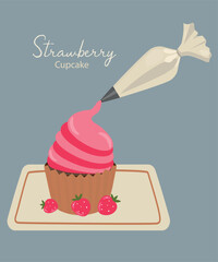  Illustration with Strawberry Cupcake and Piping Bag