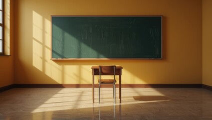 Vacant classroom desk and chair used for layout and organization in educational settings, suitable for presentation backgrounds or information display