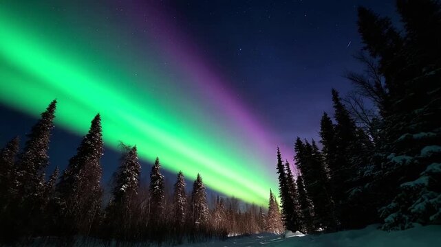 Northern lights dancing across starry sky above snow covered forest aurora borealis spectacle natural phenom