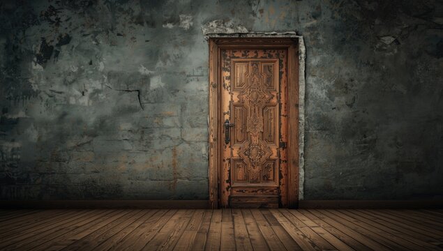 Unfinished wooden door with visible knots and texture, serving as a backdrop for signage or signage design, Earth Day - Powered by Adobe