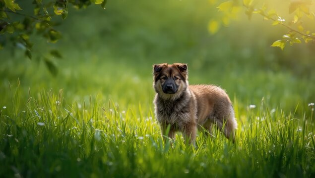 Slovenian Karst shepherd dog amidst vibrant spring foliage, highlighting seasonal change