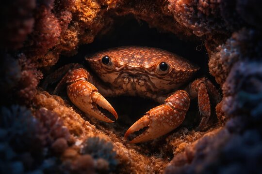 A curious crab nestled within coral crevices