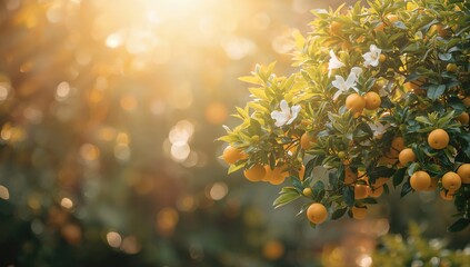 Citrus orchard with blooming orange, lemon, and tangerine trees in spring
