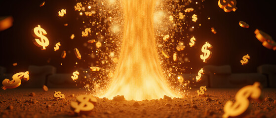 Explosive money eruption with glowing dollar signs, creating vibrant and dynamic scene filled with energy and excitement