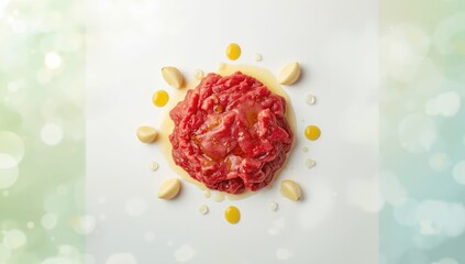 Minced raw meat drizzled with olive oil and garlic, highlighting preparation technique, Food and Nutrition Awareness Day