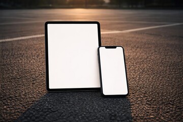 Empty parking lot asphalt background with tablet and smartphone mockup displaying blank screens for advertising space