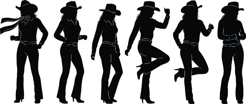 Collection of black silhouettes featuring cowgirls in hats and boots dancing line dance and posing in western country style isolated on white