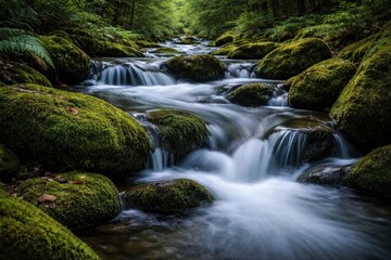 Silky smooth stream running over rough moss-covered rocks in a quiet nature scene