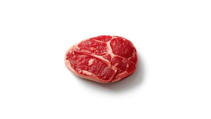 Obraz premium Fresh raw beef segment on white, highlighting texture and fat distribution for meat quality assessment