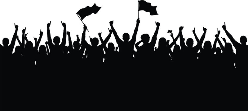 Crowd silhouette cheering, people with flags celebrating, fans at concert stadium, protest demonstration, political rally, group of enthusiasts, isolated on white background.