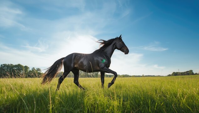 Friesian horse galloping across grassland, highlighting equine agility and open landscape