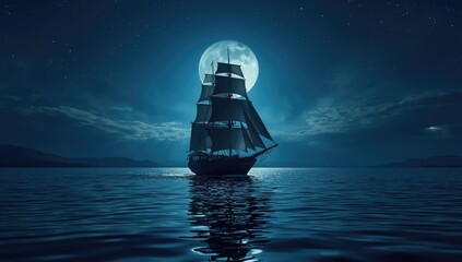 A large sailboat under a star-filled sky glides through moonlit waters, focusing on navigation technology, World Oceans Day