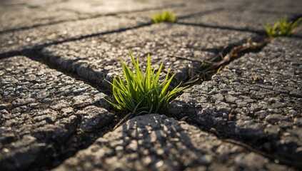 Detailed shot of grass emerging between textured concrete paving stones, emphasizing natural resilience in urban environments, World Environment Day