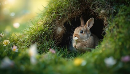 Adorable rabbit nestled with a flower in its burrow, reflecting spring renewal and Easter traditions