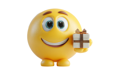 Adorable smiling face emoji with miniature present representing happiness, giving, and cheerful interaction isolated on transparent background PNG