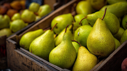 Fresh Green Pears in a Rustic Wooden Crate at a Local Market