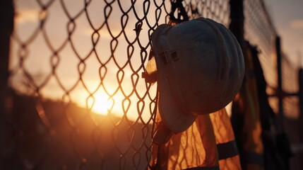 Close-up silhouette of a hard hat and safety vest hanging on a fence with sunset light. End of work day concept.