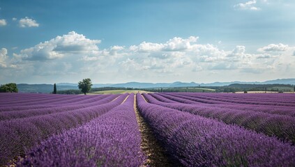 Fototapeta premium Wide-angle shot of a lavender field in full bloom on a bright summer day with a partly cloudy sky, suitable for nature backgrounds