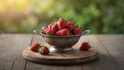 Strawberries in a colander resting on a wooden cutting board, emphasizing fresh produce handling, World Food Day
