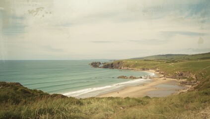 Seaside landscape featuring a rock outcrop along Cornwall's coast, vintage-style sky and ocean backdrop for travel imagery