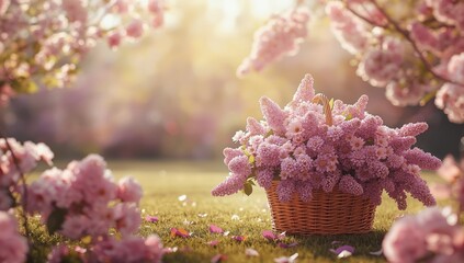 Autumn garden scene with chrysanthemum koreanum and lilac chrysanthemums in a woven basket, ideal for editorial header backgrounds