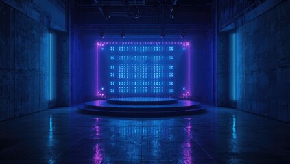 Fototapeta premium Contemporary sci-fi digital studio featuring large panel lights and neon blue purple accents, for digital media production