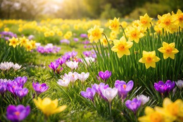 Early spring flowers crocuses and daffodils thriving in a sunny field