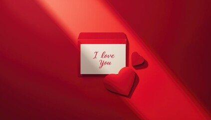Bright red envelope with a handwritten I LOVE YOU note on a striking red backdrop, suitable for Valentines Day or Mothers Day expressions