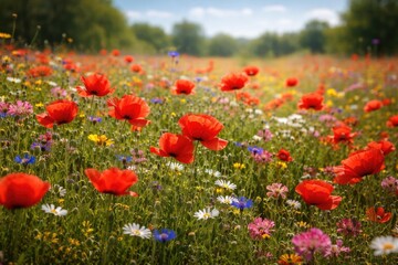 Obraz premium Wild poppy flowers spread vibrantly across a natural flower meadow