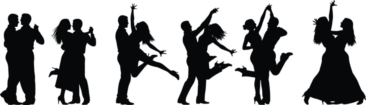 Set of black silhouettes featuring elegant couples performing various ballroom dance styles including salsa tango and romantic waltz isolated on white background
