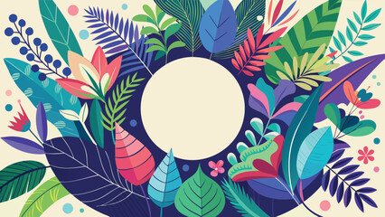 Vibrant Tropical Flora and Botanical Frame with Central Copy Space