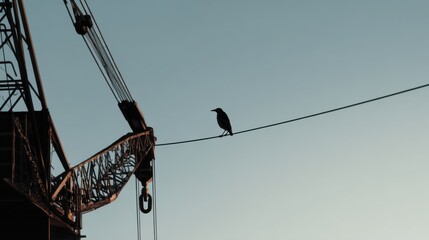 Obraz premium Silhouette of a single bird perching on a giant construction crane hook. Nature and industry contrast background.