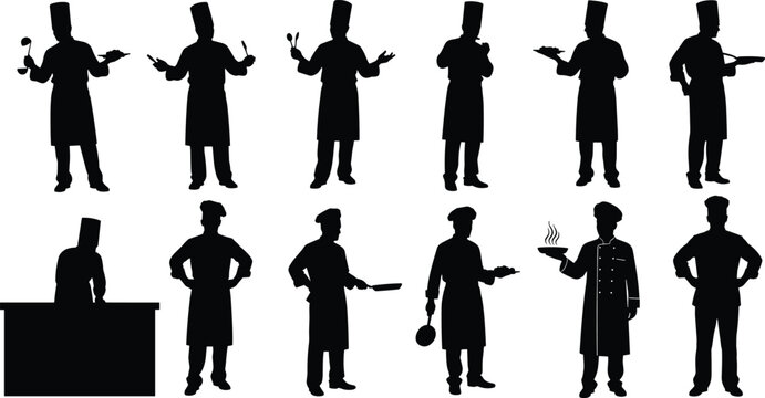 Set of black silhouettes featuring professional male chefs and cooks in uniform holding kitchen utensils and plates of food isolated on white