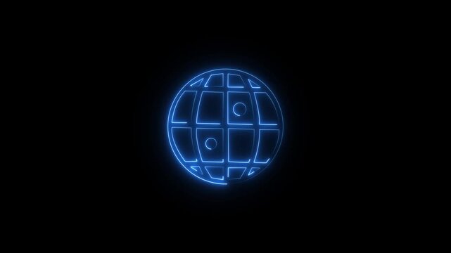 Neon www earth globe icons .com, internet symbol for your logo, glowing animation black background.motion video..