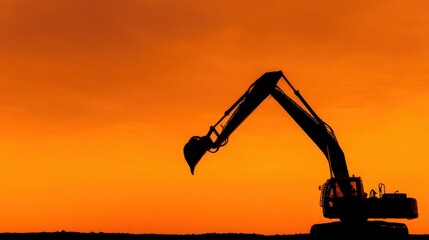 Silhouette of an excavator arm reaching up against an orange sky. Minimalist industrial power background.