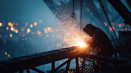 Silhouette of a welder working on a steel beam with bright sparks flying. Dark industrial construction background.