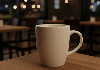 Obraz premium Minimal white mug mockup with shallow depth of field cafe background